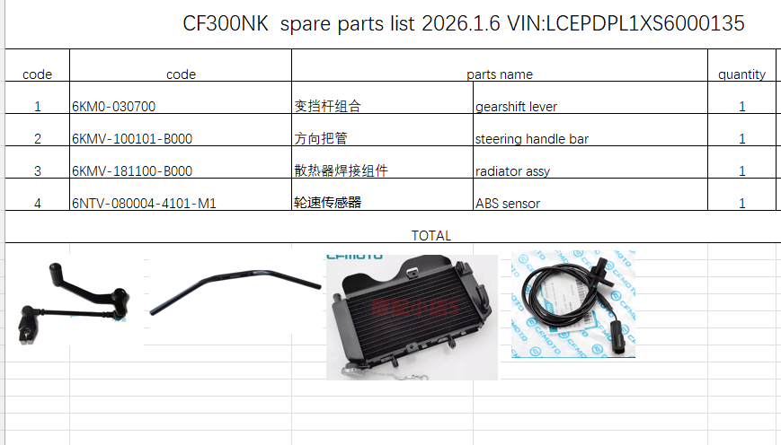 Gearshift lever/steering handle bar/radiator assy and ABS sensor suit CF300NK