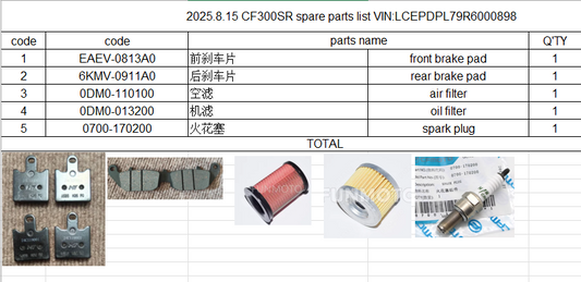 Front Brake pad /rear brake pad/air filter/oil filter/spark plug suit CF300SR