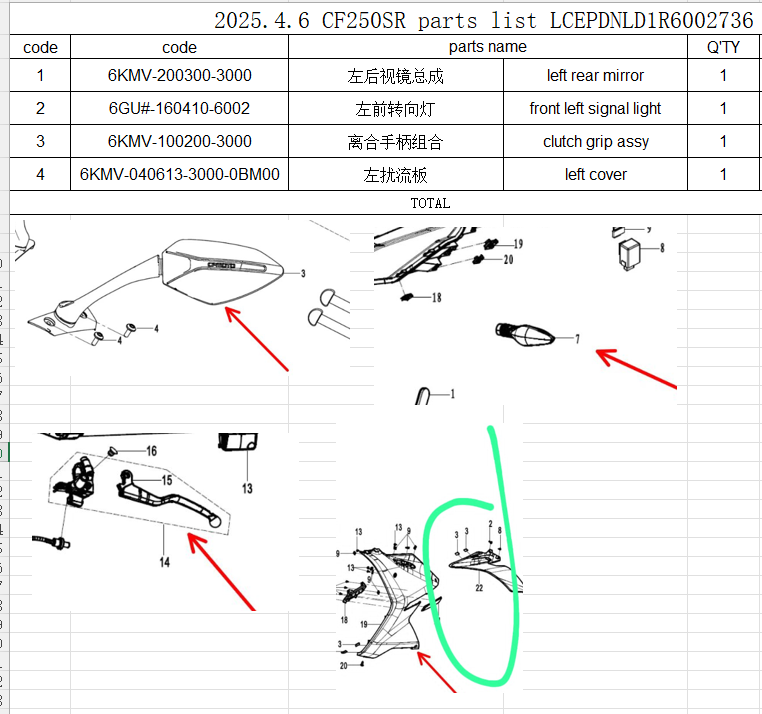 left cover/left rear mirror/front left signal light/clutch grip assy suit CF250SR 6KMV-200300-3000/6KMV-100200-3000
