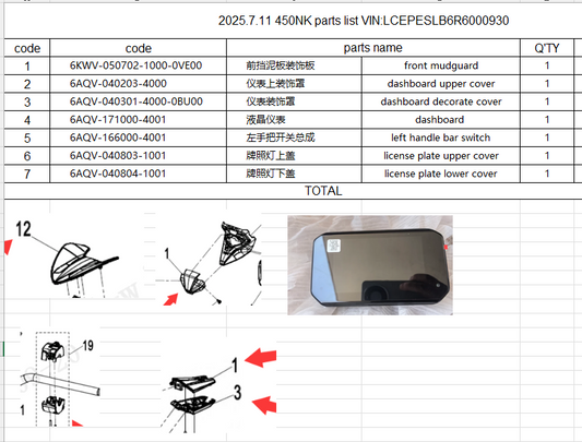 Front mudguard cover/dashboard/covers/left handle bar switch/license plate upper and lower cover suit 450NK