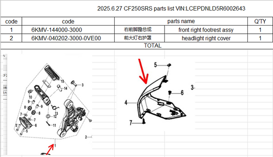 front right footrest assy and headlight right cover suit CF250SRS 6KMV-144000-3000