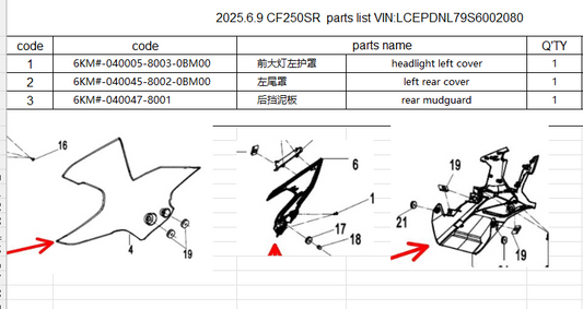 headlight left cover/left rear cover/rear mudguard Suit CF250SR