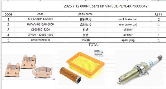Front brake pad/Rear brake pad/air filter/oil filter/spark plug suit CF800NK C90039093000