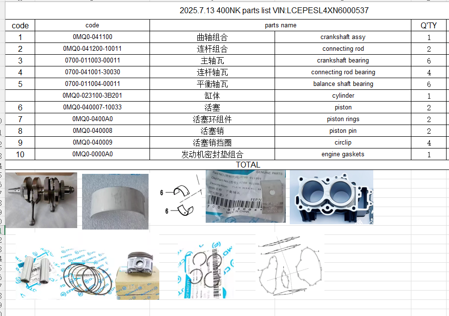 Crankshaft/Connecting rod/bearing/Cylinder/Piston assy/gaskets suit CF400NK Code is 0MQ0-041100