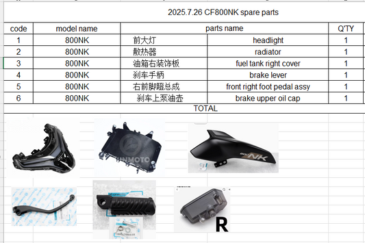 Headlight/Radiator/fuel tank right cover/brake lever/front right foot pedal assy/brake upper oil cap suit CF800NK