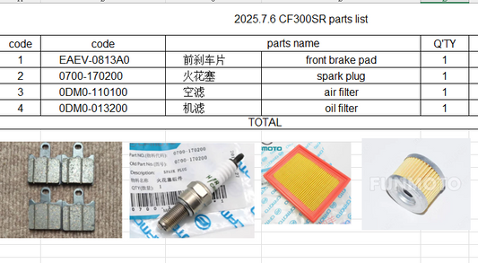 Front Brake pad/Spark Plug/Air Filter/Oil Filter suit CF300SR code EAEV-0813A0/0700-170200