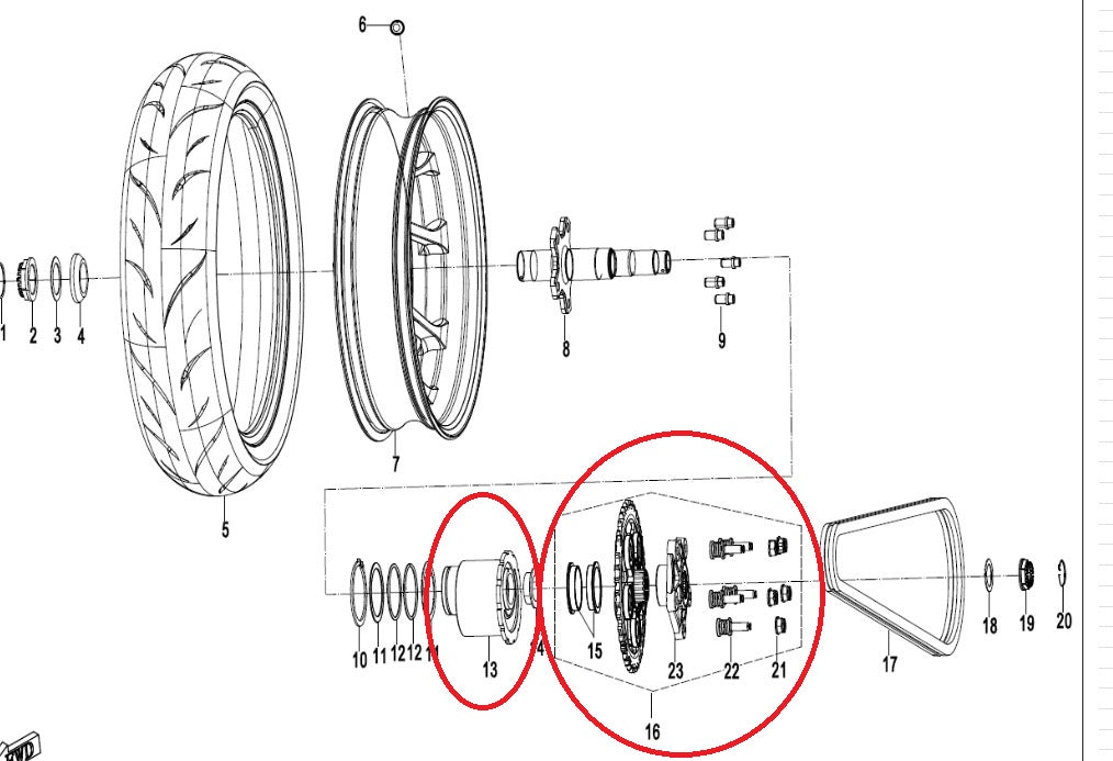 Wheel hub and Rear Sprocket bottom assy suit CF250SRS Code 6KMV-110300-2001/6KMV-110400-2001