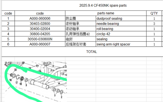 Dustproof sealing/needle bearing/circlip 42/Sealing/swing arm right spacer Suit CF400NK