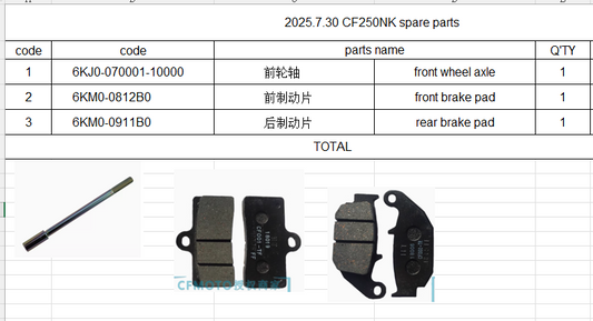 Front wheel axle and front brake pad and rear brake pad suit CF250NK 6KJ0-070001-10000