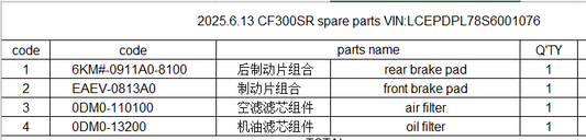Front Brake pad /rear brake pad/air filter and oil filter suit CF300SR code EAEV-0813A0