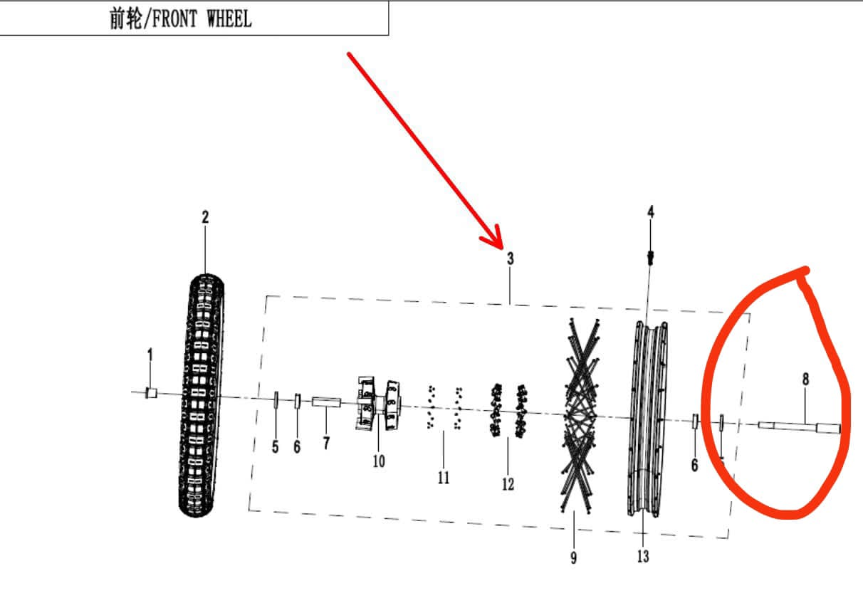front wheel axle suit CF450NK/CF450SR/CF450MT code is 6AQV-070003-1001