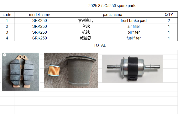 Front brake pad/Air Filter/Oil Filter/Fuel Filter suit QJMOTO250/SRK250