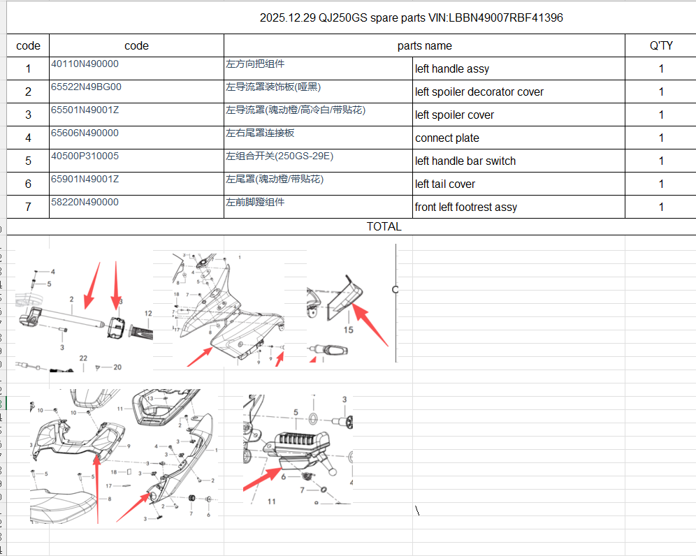 Left handle assy/left spoiler decorator cover and others in the list suit QJMOTOR/QJ250GS