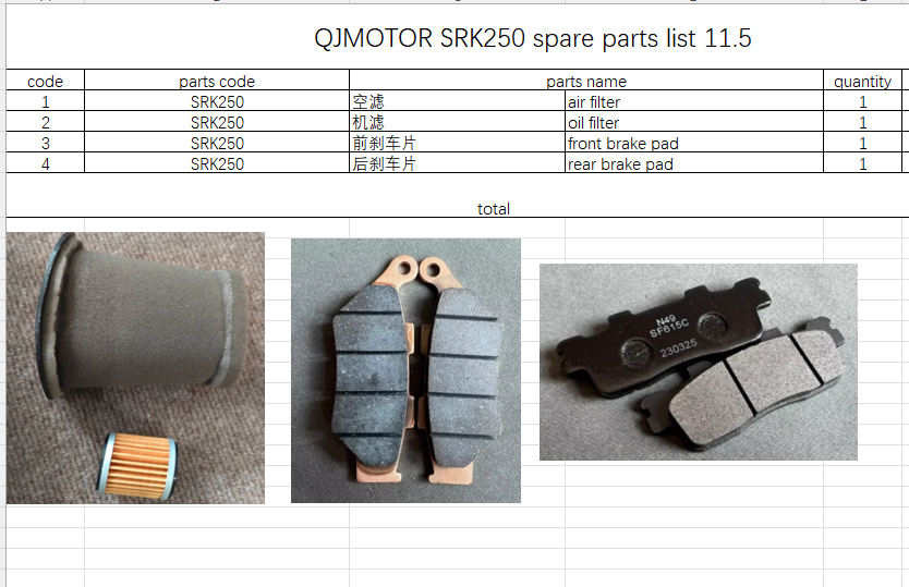 Air Filter/Oil Filter/Front Brake pad and Rear brake pad suit QJMOTOR SRK250