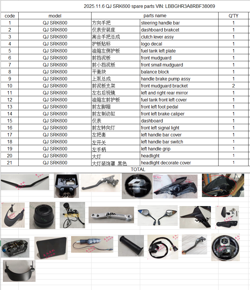 Steering handle bar/Headlight/dashboard and others in the list suit QJ SRK600