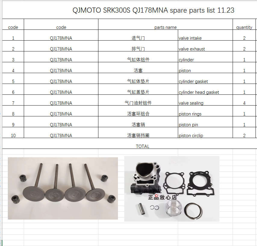 Cylinder/piston/rings/valves/gaskets and others in the list suit QJMOTO SRK300S QJ178MNA