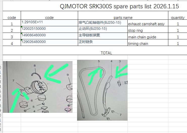 Exhaust camshaft assy/stop ring/main chain guide/timing chain suit QJMOTOR SRK300