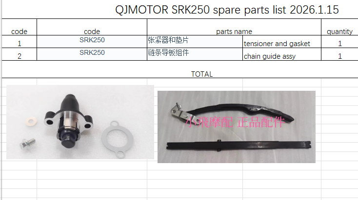 Tensioner and gasket/chain guide assy suit QJMOTOR SRK250