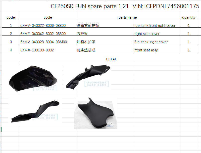 Fuel tank front right cover/right side cover and others in the list suit CF250SR FUN