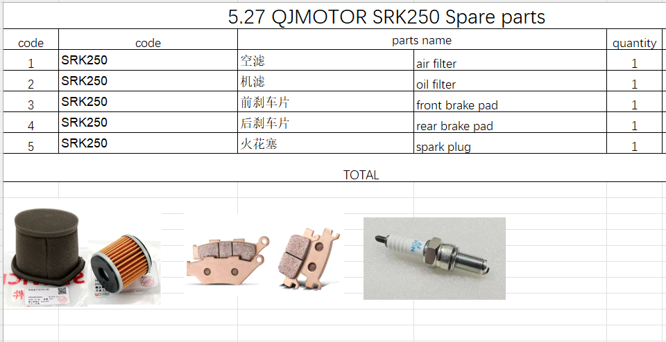 Ail Filter/Oil Filter/Brake pad and Spark Plug suit QJMOTOR SRK250