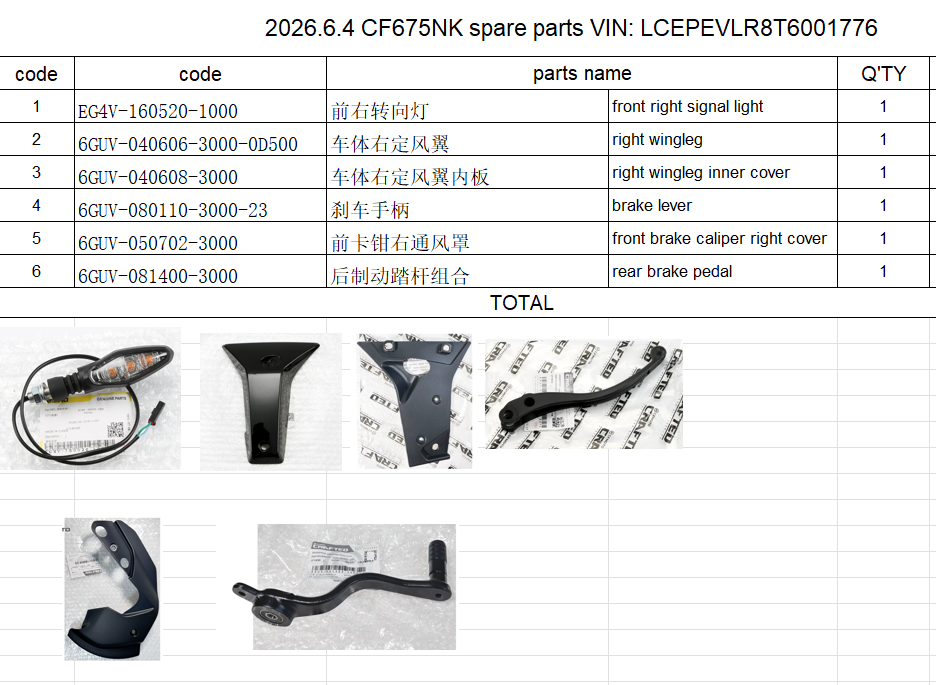 Front right signal light/Rear Brake pedal and others in the list suit CF675NK