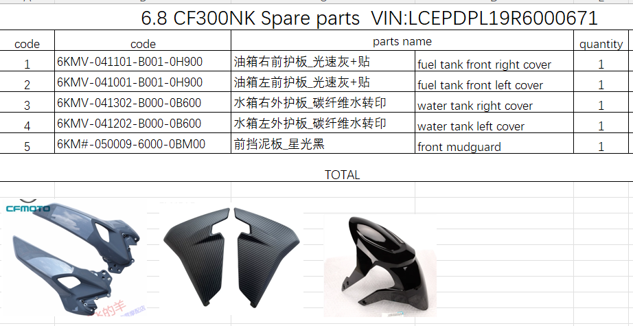 Fuel tank front Left and right cover and others in the list suit CF300NK 6KMV-041101-B001-0H900