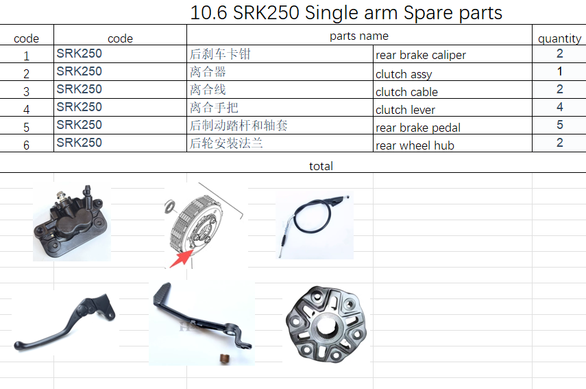 Rear Brake Caliper/clutch and others in the list suit SRK250 Single arm model code is 209025150060