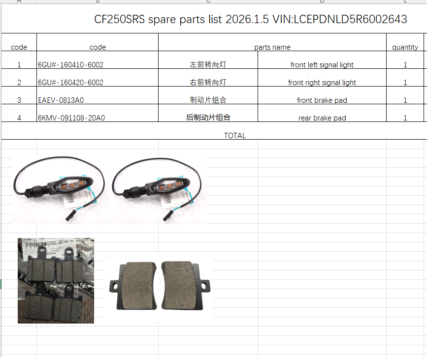 Front left and right signal light/front and rear brake pad suit CF250SRS