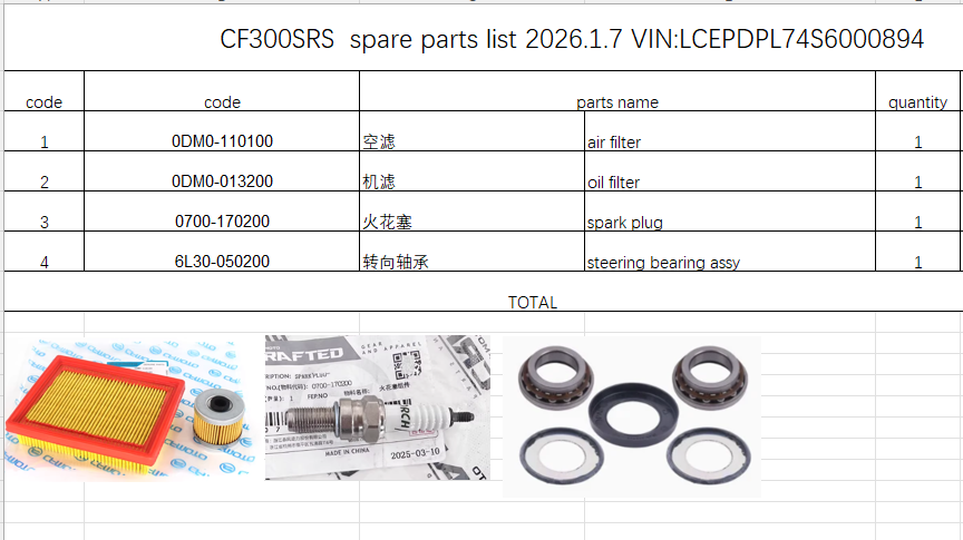 Air Filter/Oil Filter/Spark Plug/Steering Bearing suit CF300SRS 6L30-050200