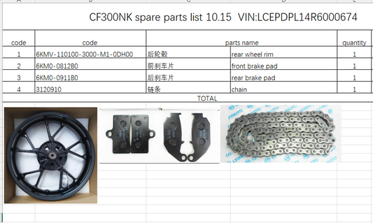 Rear wheel rim/Front Brake Pad /Rear Brake Pad/Chain Suit CF300NK