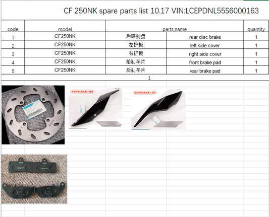 Rear disc brake/Rear left and right side cover and brake pad suit CF250NK