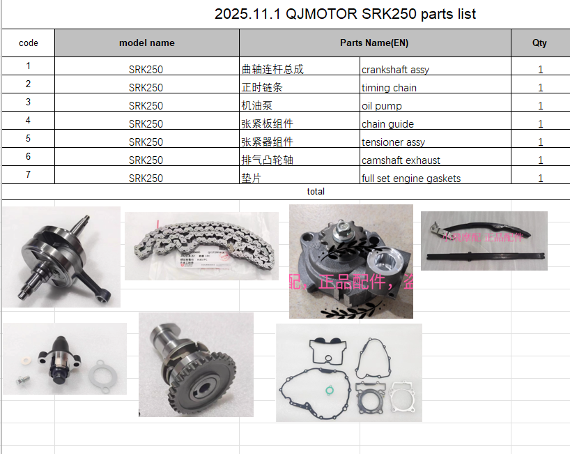 Crankshaft/timing chain/oil pump/chain guide/tensioner assy/camshaft exhaust/full set gaskets suit QJMOTOR SRK250/QJ250GS-29E
