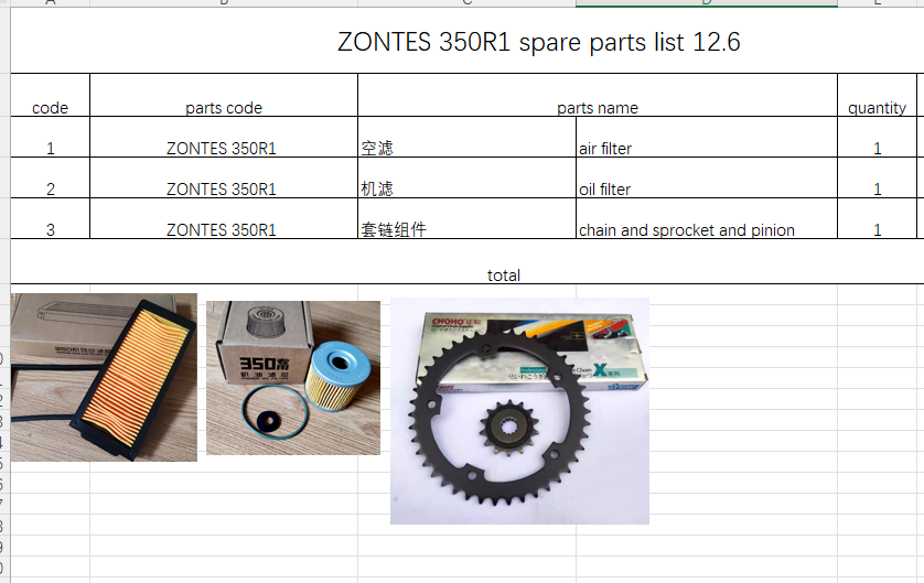 Air Filter/Oil filter and Chain and sprocket and pinion suit Zontes 350R1