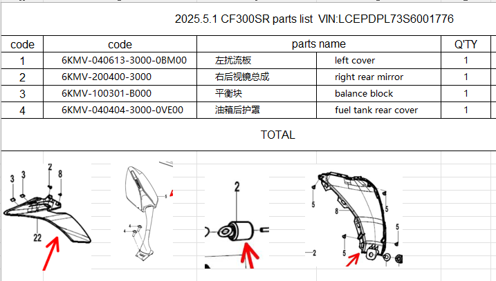 left cover/right rear mirror/balance block/tank rear cover suit CF300SR 6KMV-200400-3000