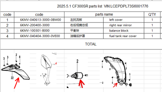 left cover/right rear mirror/balance block/tank rear cover suit CF300SR 6KMV-200400-3000