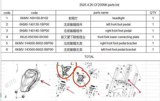 headlight/left and right front foot pedal and Bracket/front fork lower connecting plate suit CF250NK