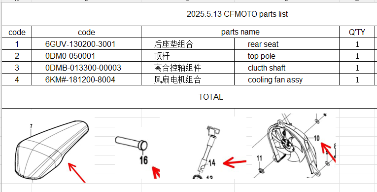 rear seat/top pole/clucth shaft/cooling fan assy suit CF675NK and other model