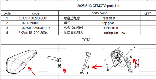 rear seat/top pole/clucth shaft/cooling fan assy suit CF675NK and other model
