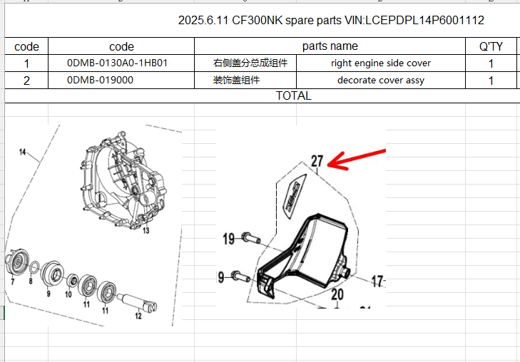 Right engine side cover and decorate cover assy suit CF300NK code 0DMB-0130A0-1HB01