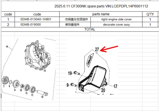 Right engine side cover and decorate cover assy suit CF300NK code 0DMB-0130A0-1HB01