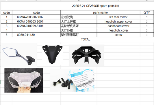 left rear mirror/headlight upper cover/dashboard cover/headlight cover and screw suit CF250SR  6KM#-040003-8001