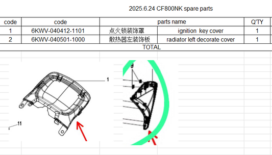 Ignition key cover and radiator left decorate cover suit CF800NK code is 6KWV-040412-1101