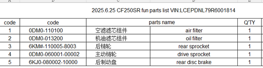 Air Filter/Oil filter/rear sprocket/drive sprocket and rear disc brake suit CF250SR 6KJ0-080002-10000
