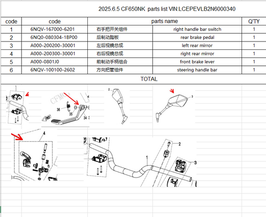 Right handle bar switch/rear brake pedal/left and right rear mirror/front brake lever/steering handle bar suit CF650NK