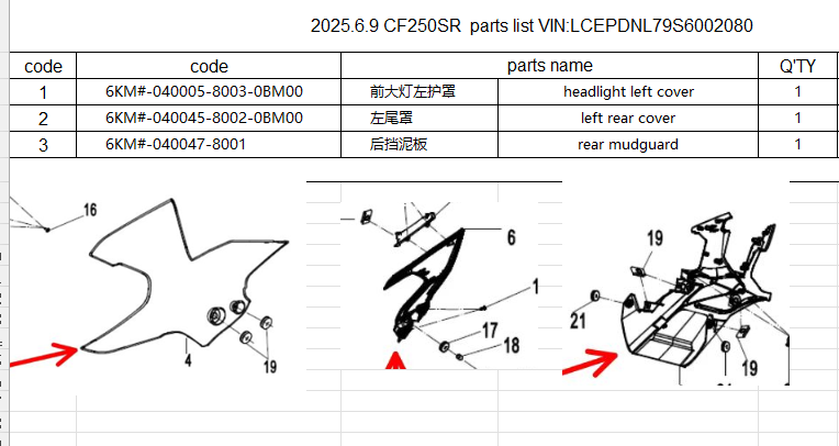 headlight left cover/left rear cover/rear mudguard Suit CF250SR