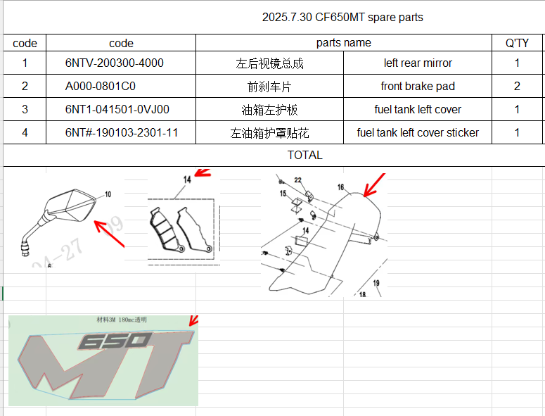 Left rear mirror/front brake pad/fuel tank left cover and sticker suit CF650MT A000-0801C0