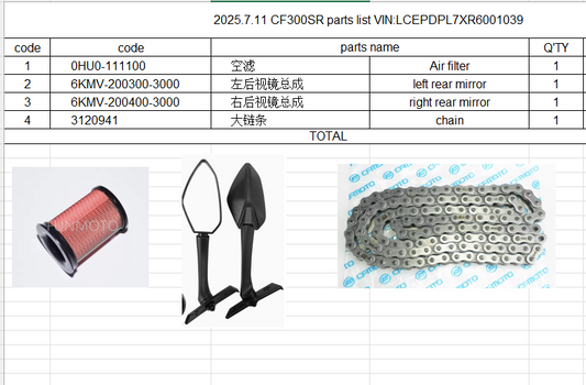 Air filter/left and right rear mirror and chain suit CF300SR code 3120941