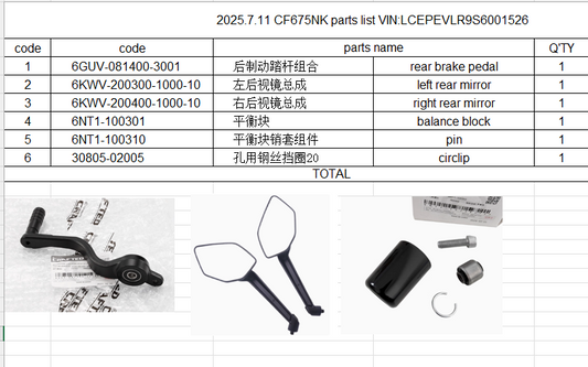 Rear brake pedal/Left and Right Mirror/Balance block set suit CF675NK code is 6GUV-081400-3001