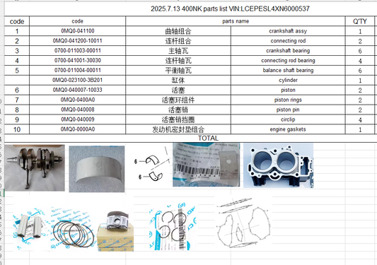 Crankshaft/Connecting rod/bearing/Cylinder/Piston assy/gaskets suit CF400NK Code is 0MQ0-041100