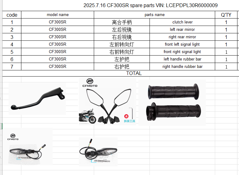 Clutch lever/left and right rear mirror/front left and right signal light/left and right handle rubber bar suit CF300SR
